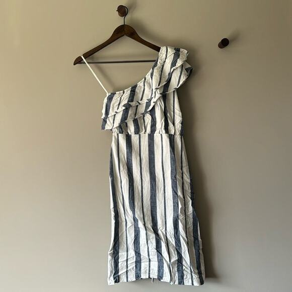 ONE SHOULDER COTTON RUFFLE MIDI DRESS WITH JEAN COLORED VERTICAL STRIPES SIZE 2 - Picture 1 of 9